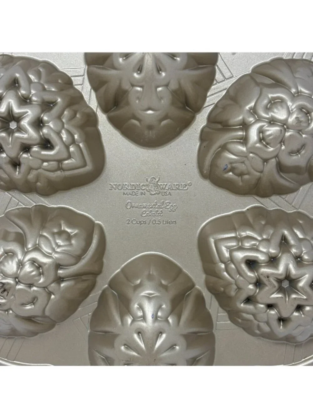 NORDIC WARE Ornamental Egg Cakelet Easter Pan Mold 3 Designs 6 Cavity Gold 2 Cup